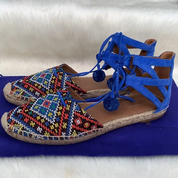 Aquazzura Belgravia Blue Suede Pom-Pom Rafia Embroidered Woven